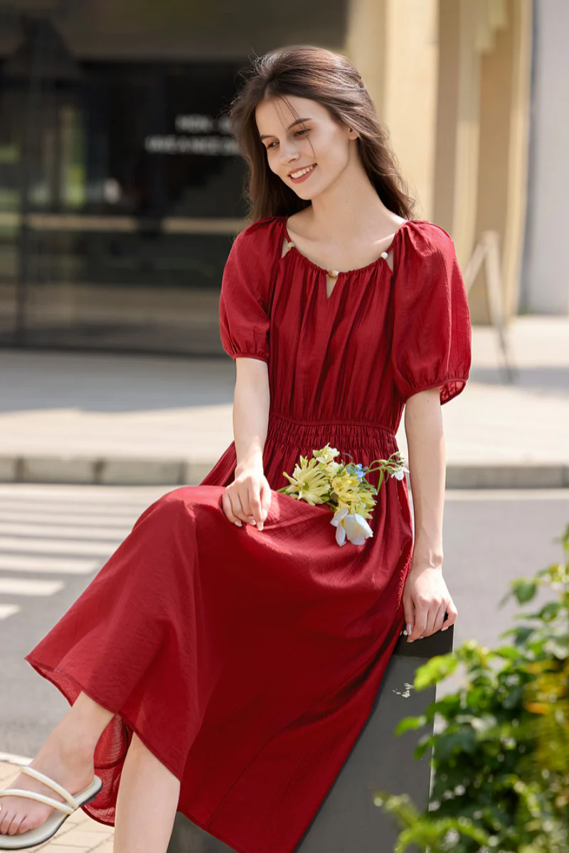Red Beaded Puff-Sleeve A-Line Midi Dress - HBQMJX