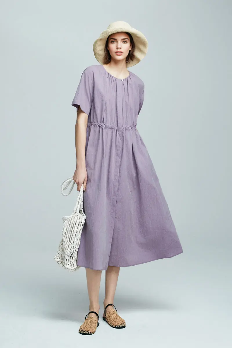 Summer Cinched Waist Midi Dress with Pockets - HBQMJX