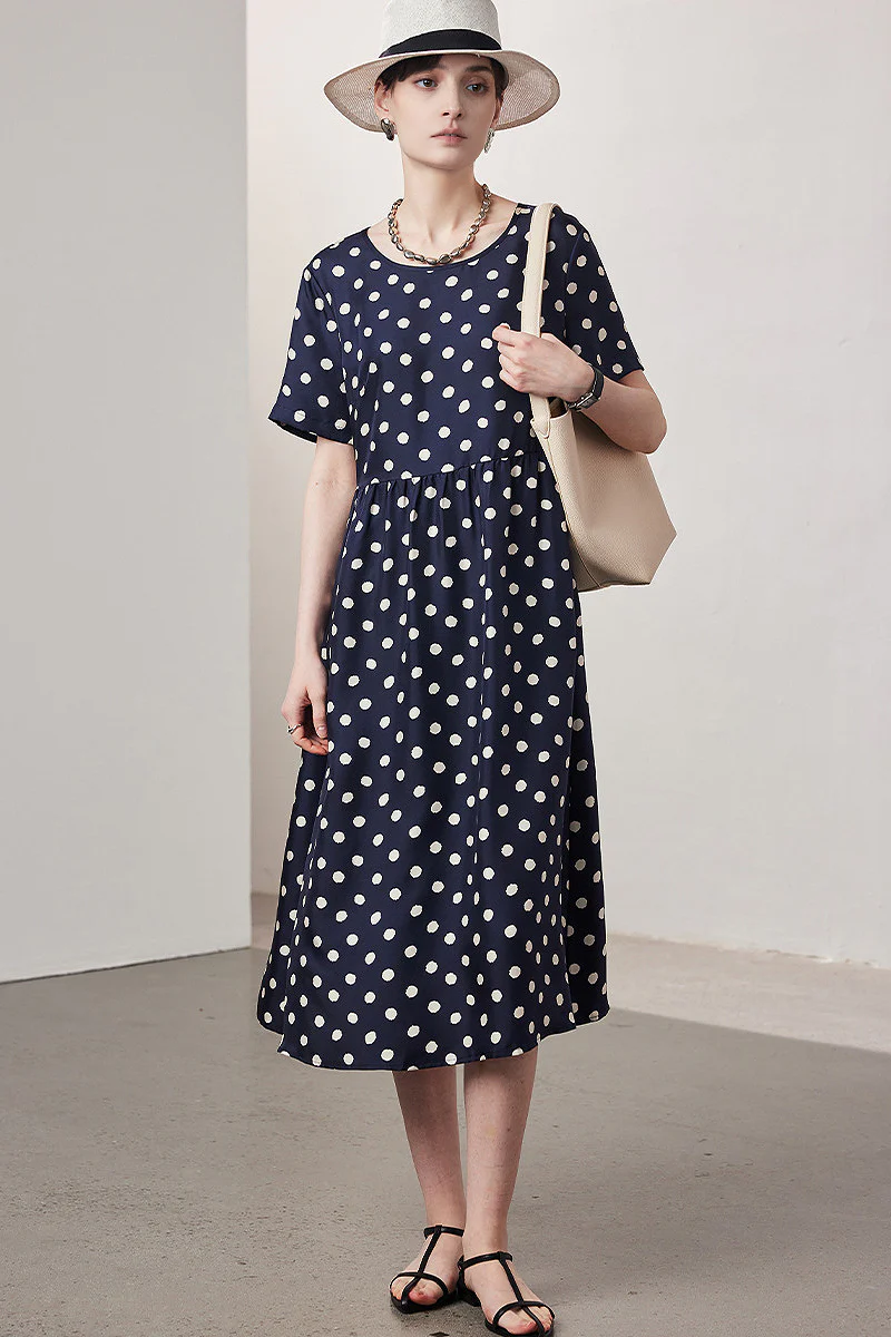 100 Mulberry Silk Polka-Dot Short-Sleeve Midi Dress in Navy - HBQMJX