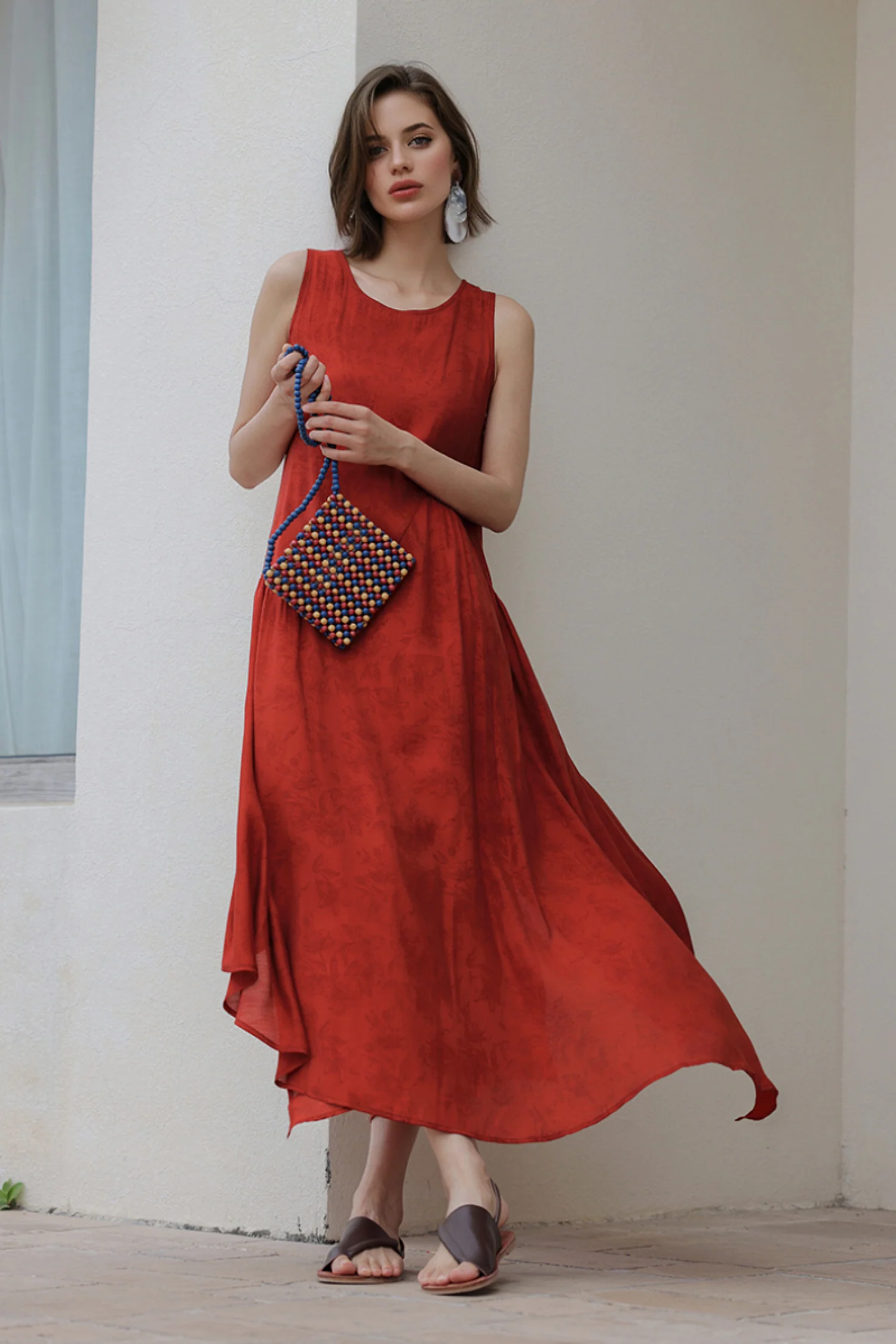 Red Asymmetrical Tiered Sleeveless Maxi Dress with Floral Print - HBQMJX
