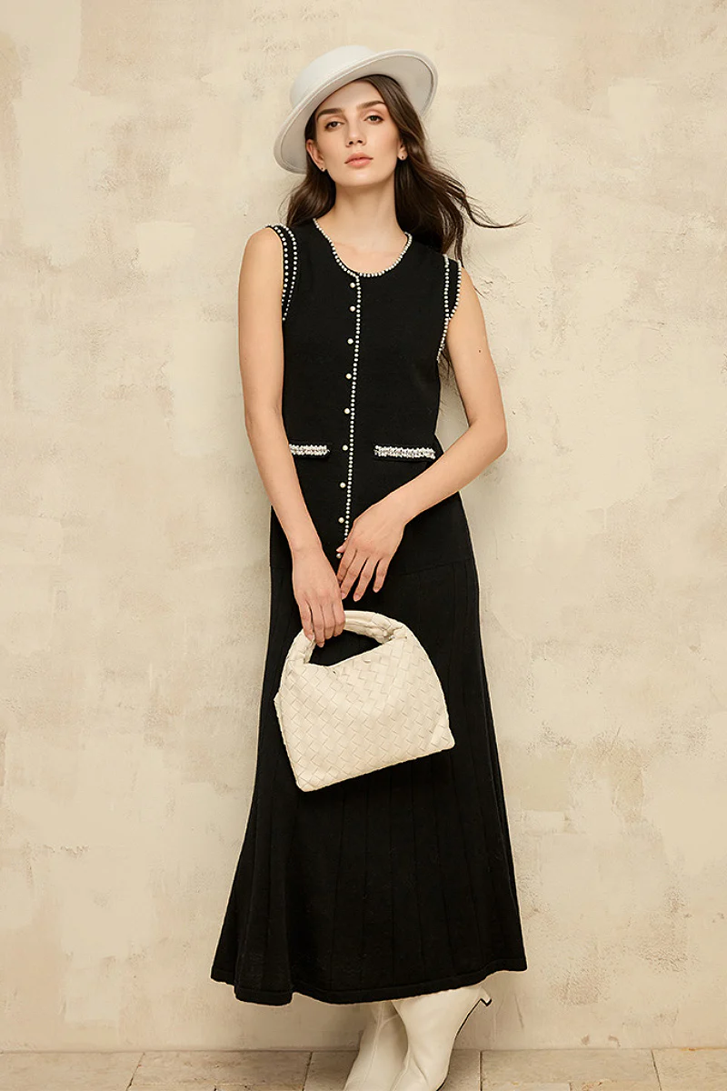 French Sleeveless Handmade Embellished Knit Midi Dress - HBQMJX