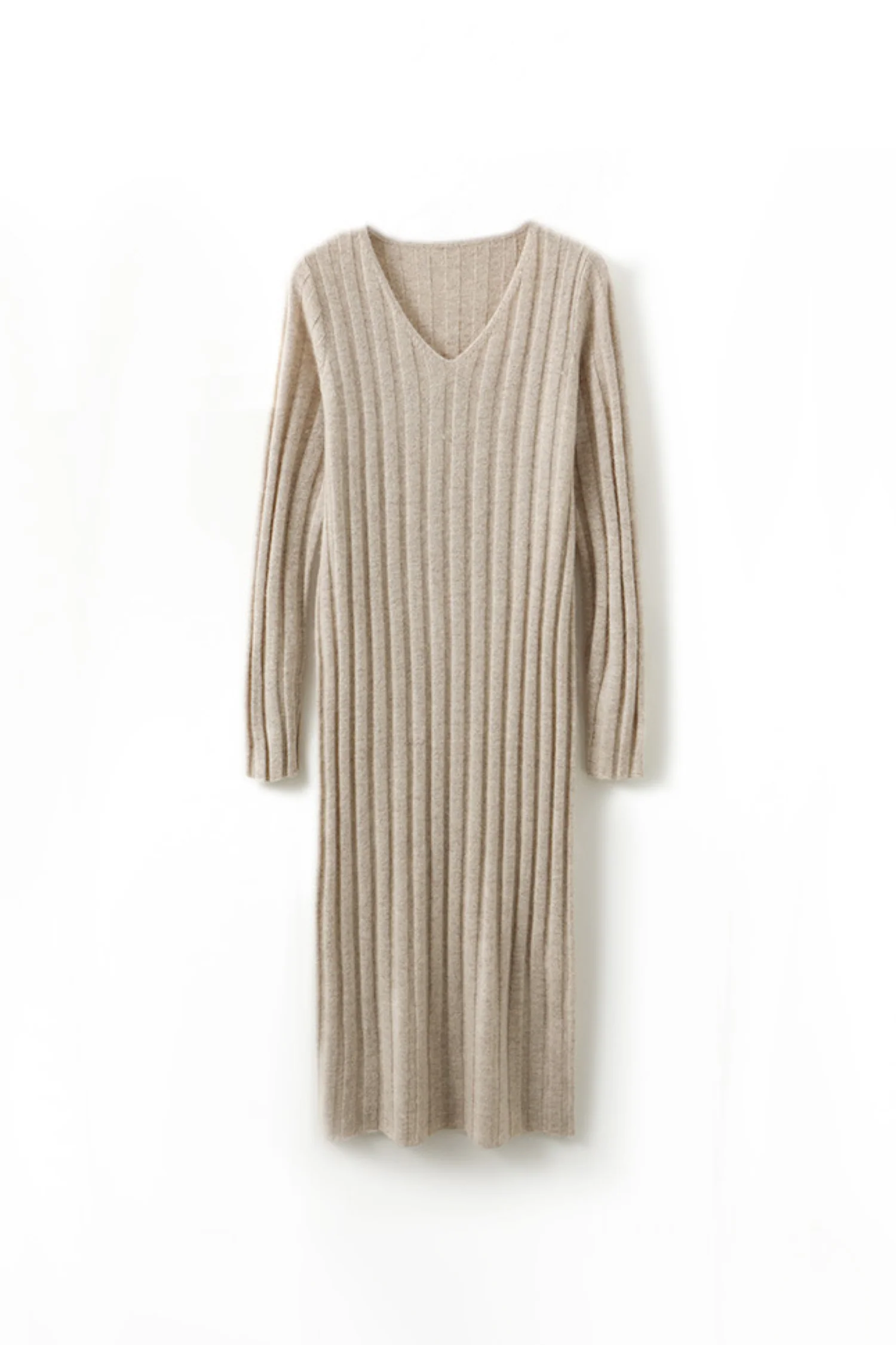 100% Merino Wool Long Sleeve Wide-Rib Midi Sweater Dress - HBQMJX