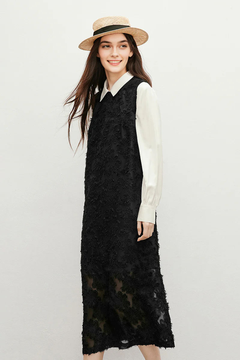 Black Floral Applique Sleeveless Dress - HBQMJX