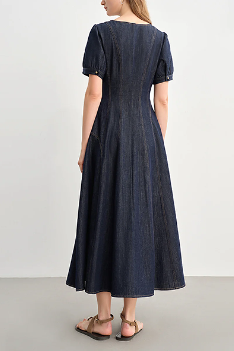 Denim Short-Sleeve A-Line Midi Dress - HBQMJX