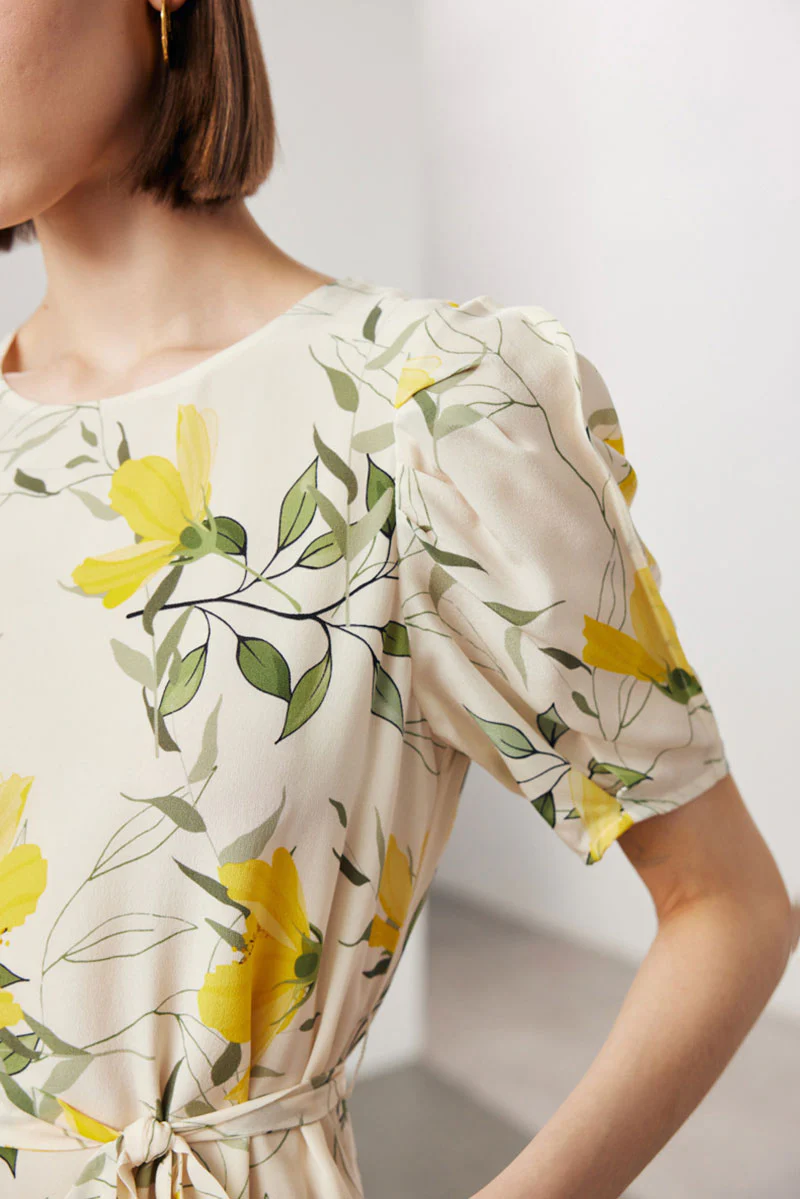 100 Mulberry Silk Floral Puff-Sleeve Belted Midi Dress - HBQMJX