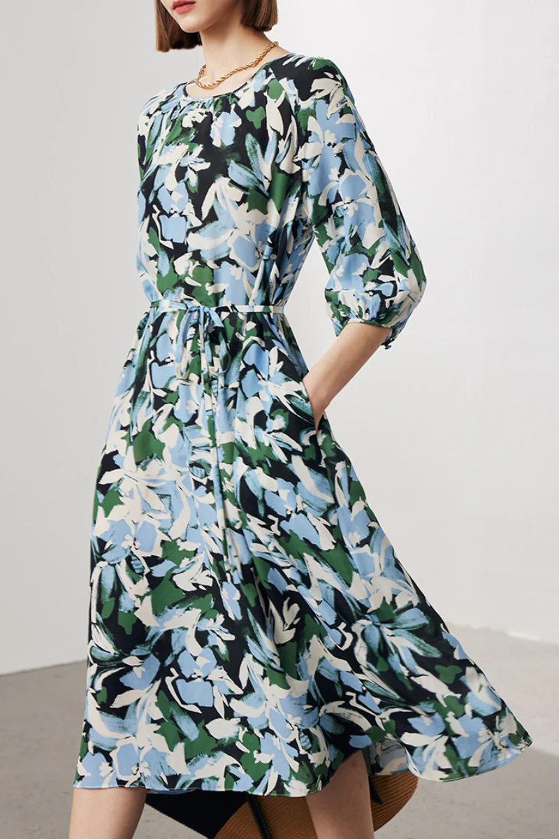 100 Mulberry Silk Floral Balloon-Sleeve Tie-Waist Midi Dress with Pockets - HBQMJX