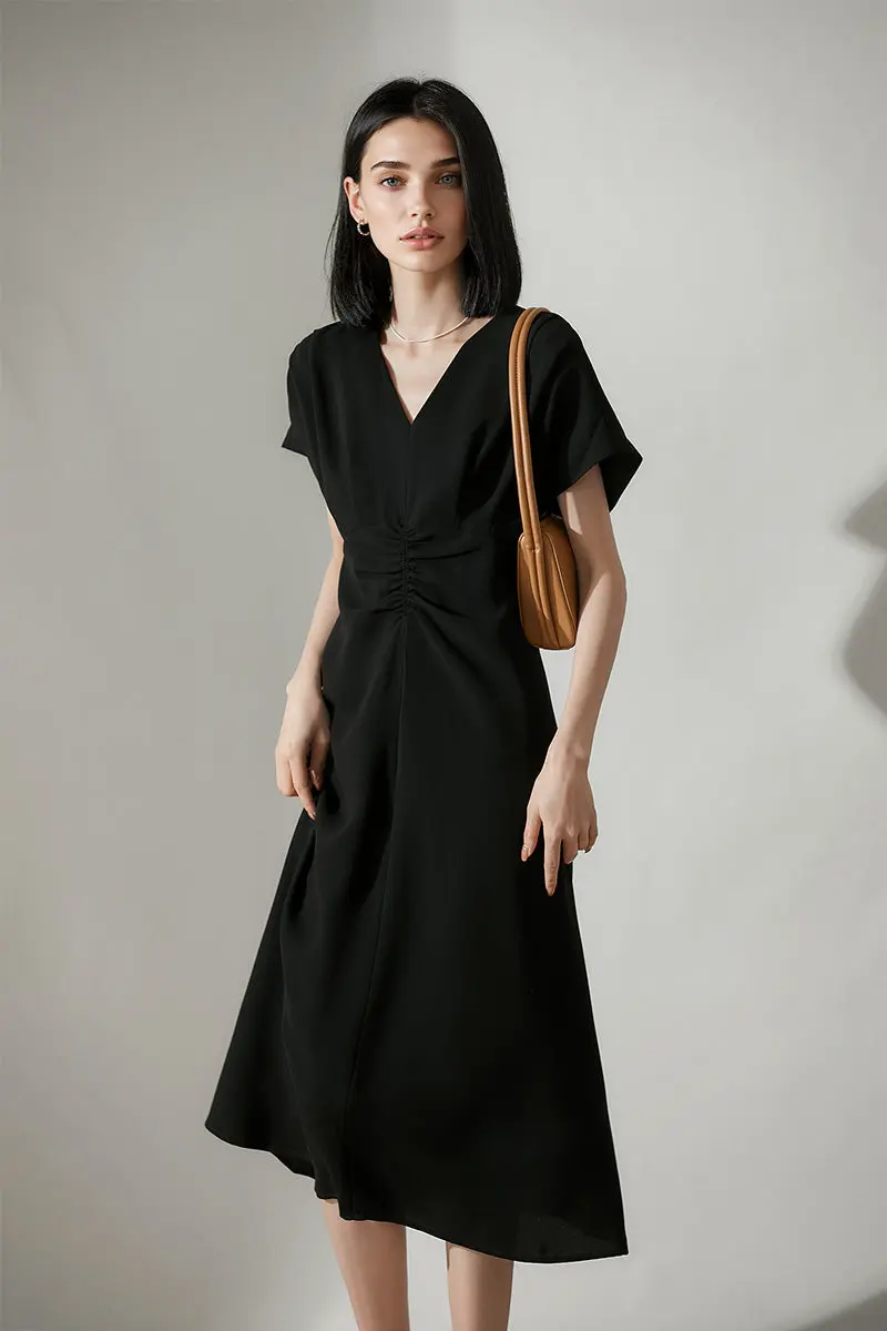 Black Triacetate V-Neck Gathered Waist Midi Dress - HBQMJX