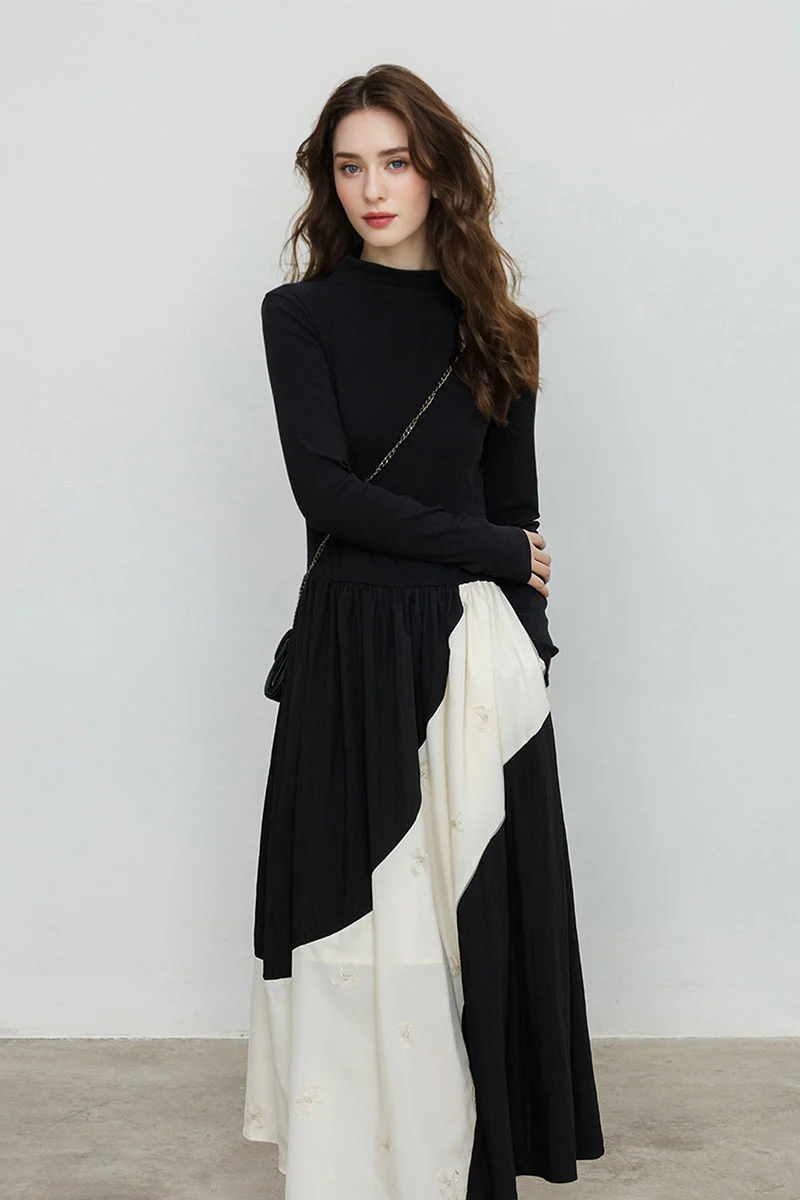 Fit & Flare Long-Sleeve Midi Dress with Lace Patchwork - HBQMJX