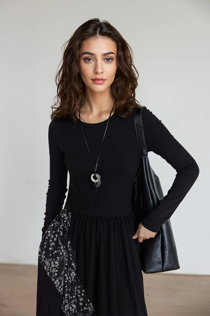 Fit & Flare Long-Sleeve Midi Dress with Flower Patchwork - HBQMJX