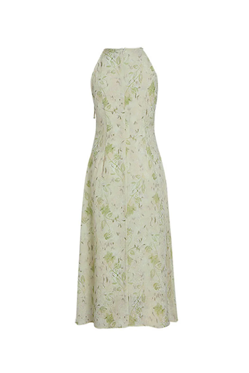 Sage Green Jacquard Halter Midi Dress with Shoulder Bow - HBQMJX