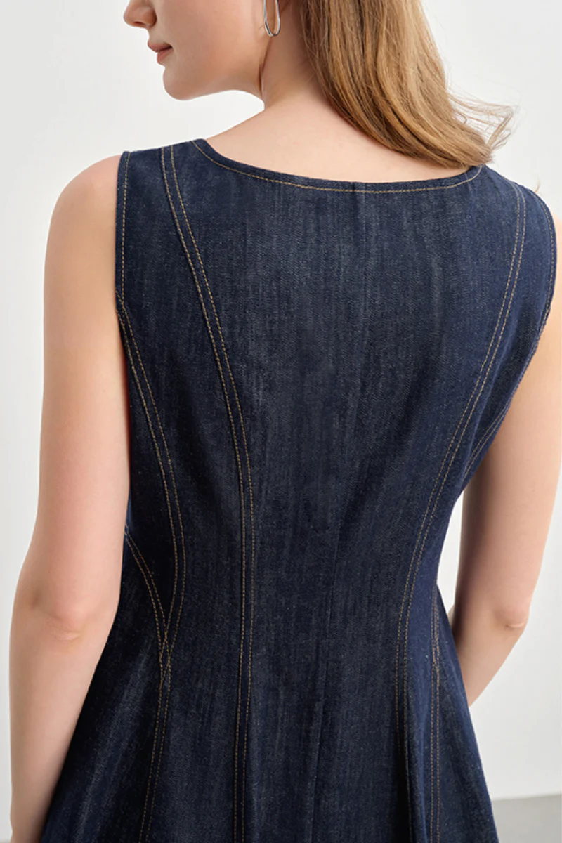 Denim Sleeveless A-Line Midi Dress - HBQMJX