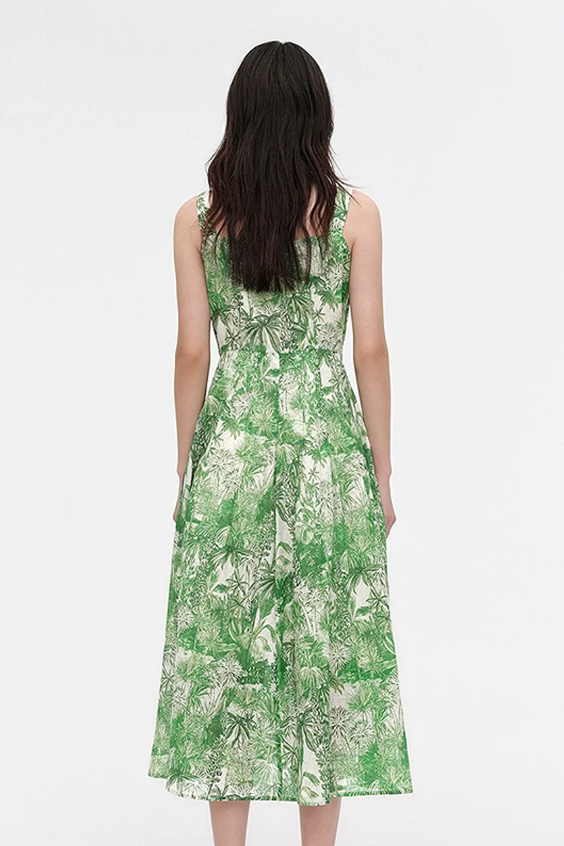Green Floral Square-Neck Sleeveless Midi Dress - HBQMJX