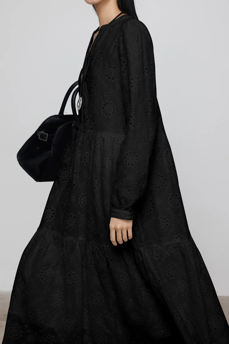 Tiered A-Line Long-Sleeve V-Neck Broderie Midi Dress with Front Buttons - HBQMJX