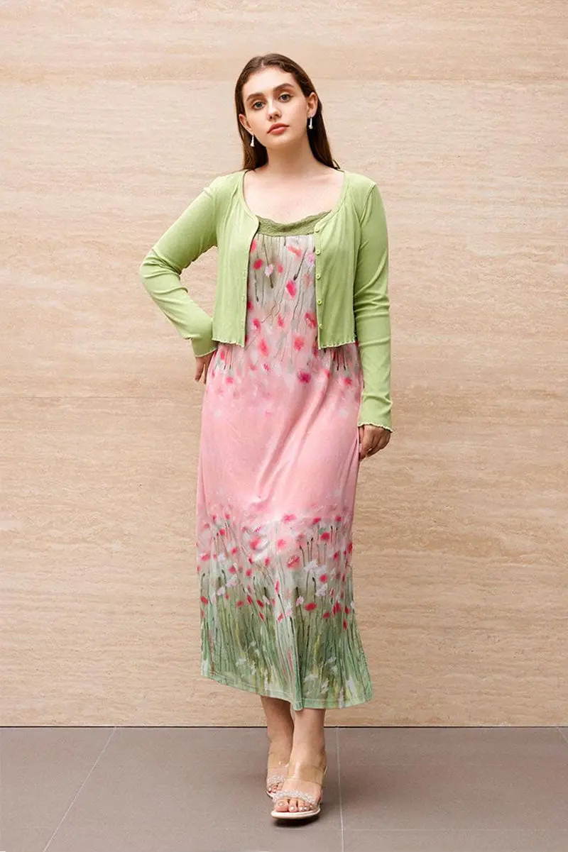 Floral Lace Mesh Slip Midi Dress with Side Slit - HBQMJX