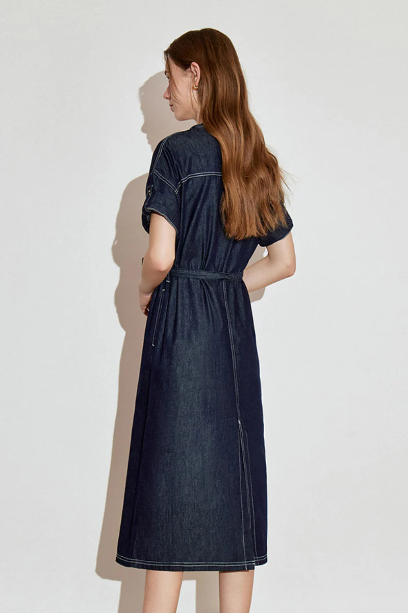 Denim Short-Sleeve Button-Up Belted Midi Shirt Dress with Back Slit - HBQMJX