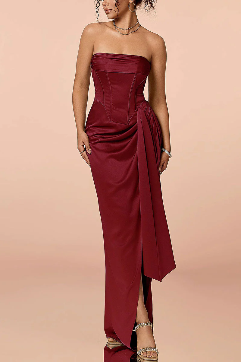 Satin Strapless Corset Bodycon Maxi Dress with High Slit - HBQMJX