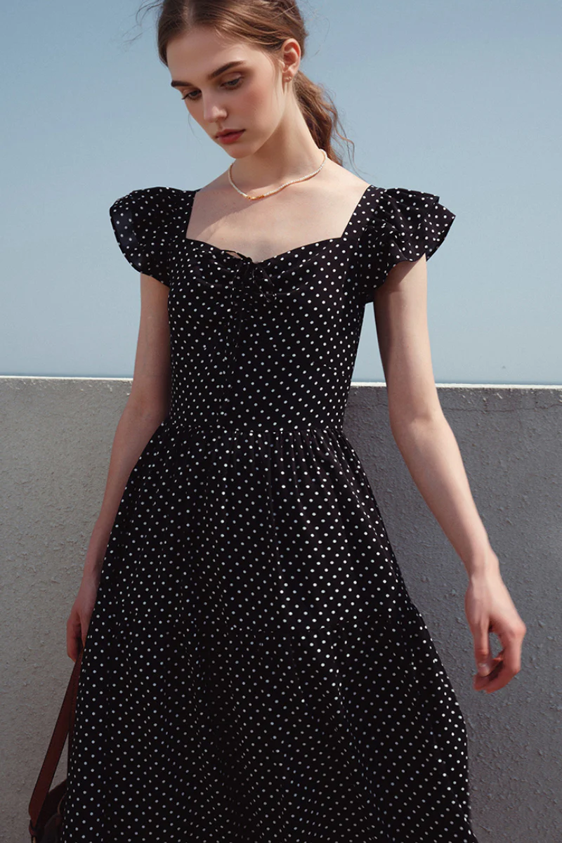 Black Polka-Dot Sweetheart Midi Dress - HBQMJX