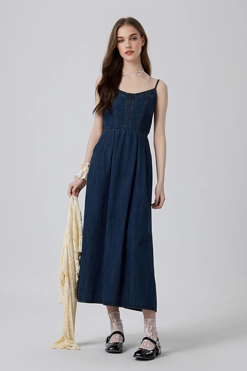 Denim Spaghetti-Strap Midi Dress With Pockets - HBQMJX