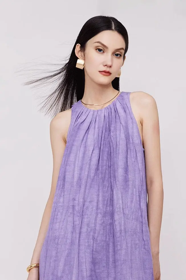 Tie Dye Sleeveless Linen Midi Dress - HBQMJX