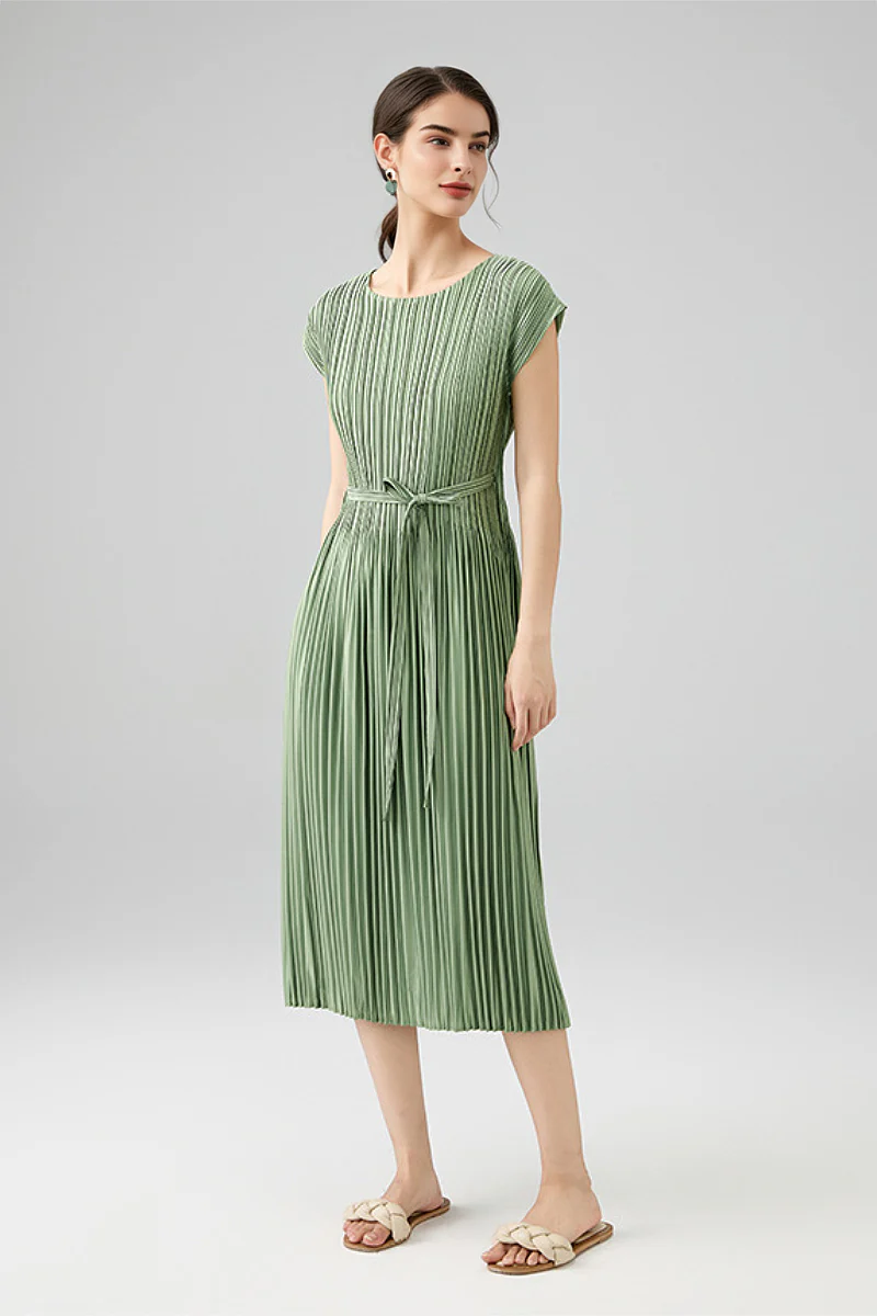 Designer Inspired Pleated Cap-Sleeve Dress with Belt - HBQMJX