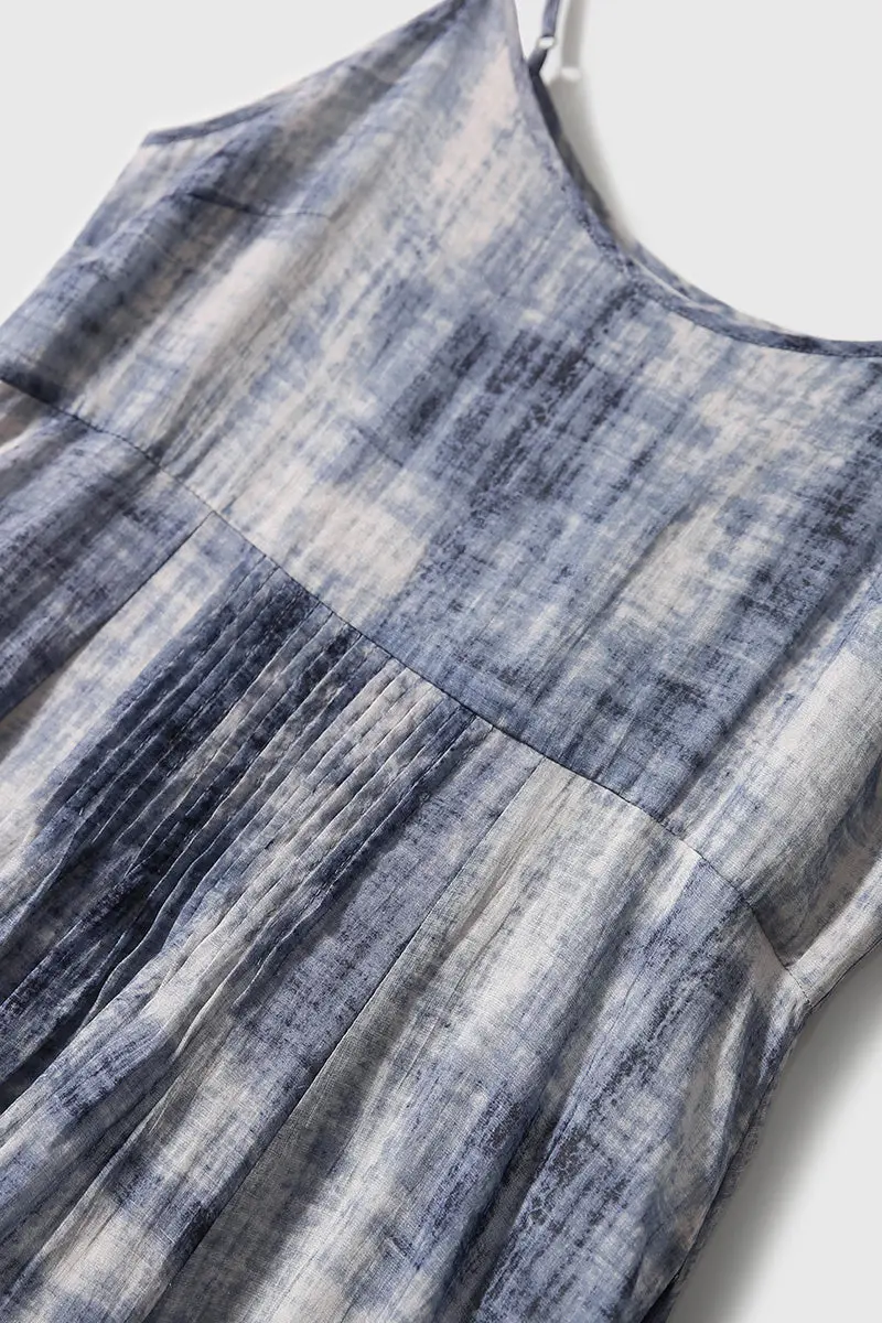 100-Count Fine Ramie Blue Tie Dye Spaghetti-Strap Maxi Dress - HBQMJX