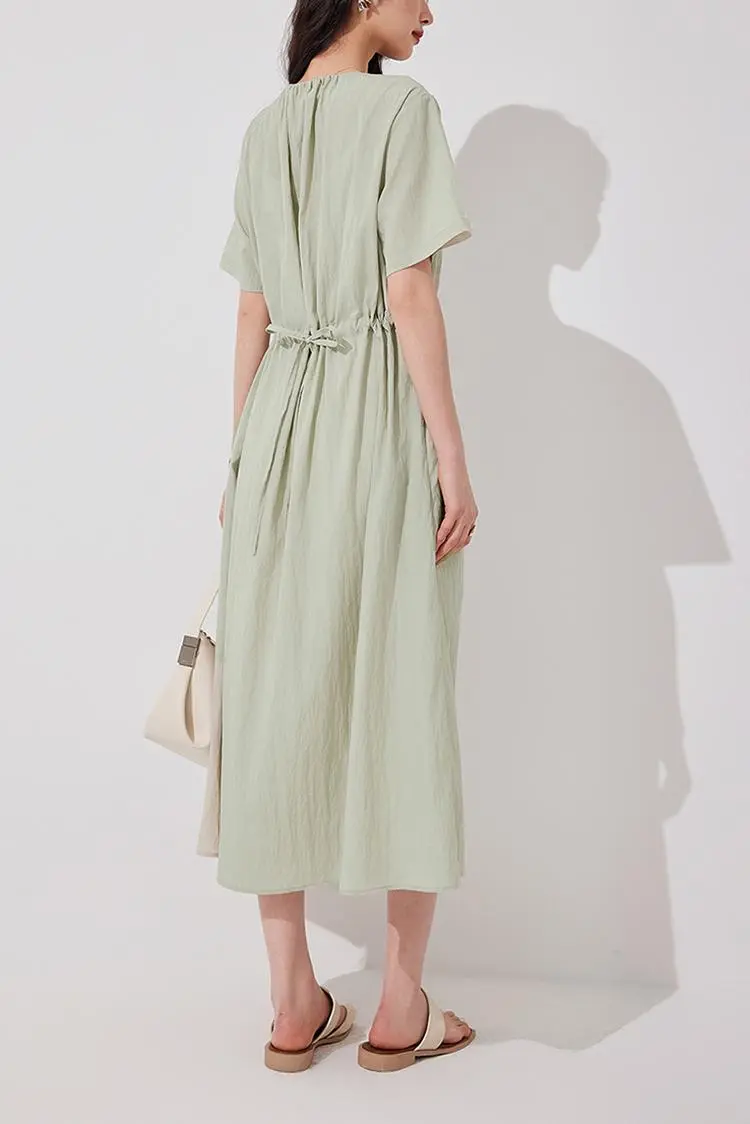Summer Cinched Waist Midi Dress with Pockets - HBQMJX