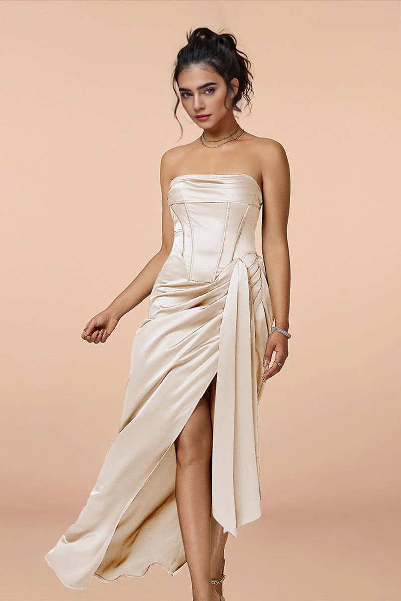 Satin Strapless Corset Bodycon Maxi Dress with High Slit - HBQMJX