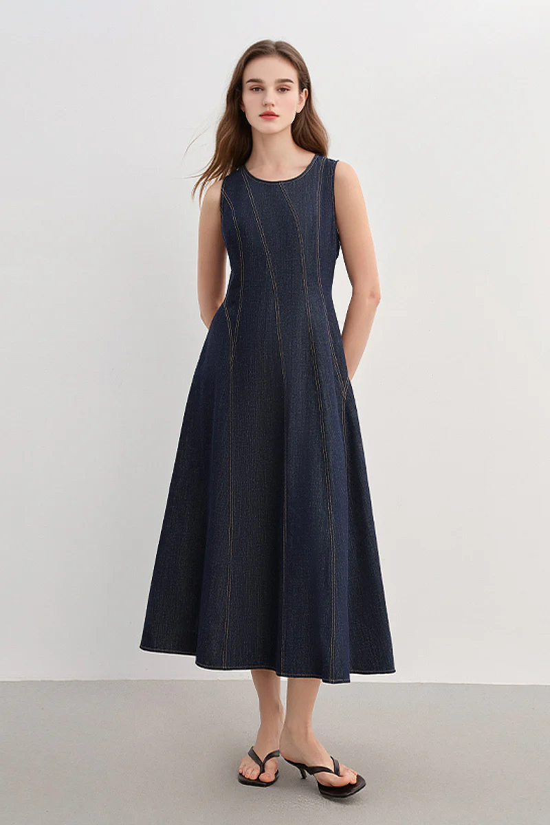 Denim Sleeveless A-Line Midi Dress - HBQMJX