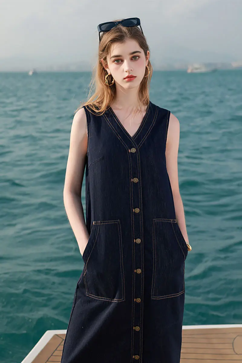 Denim V-Neck Vest Midi Dress with Pockets - HBQMJX