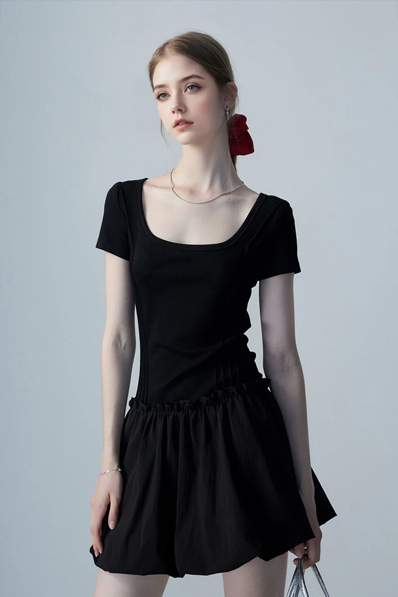 Black Squre-Neck Bubble Mini Dress - HBQMJX