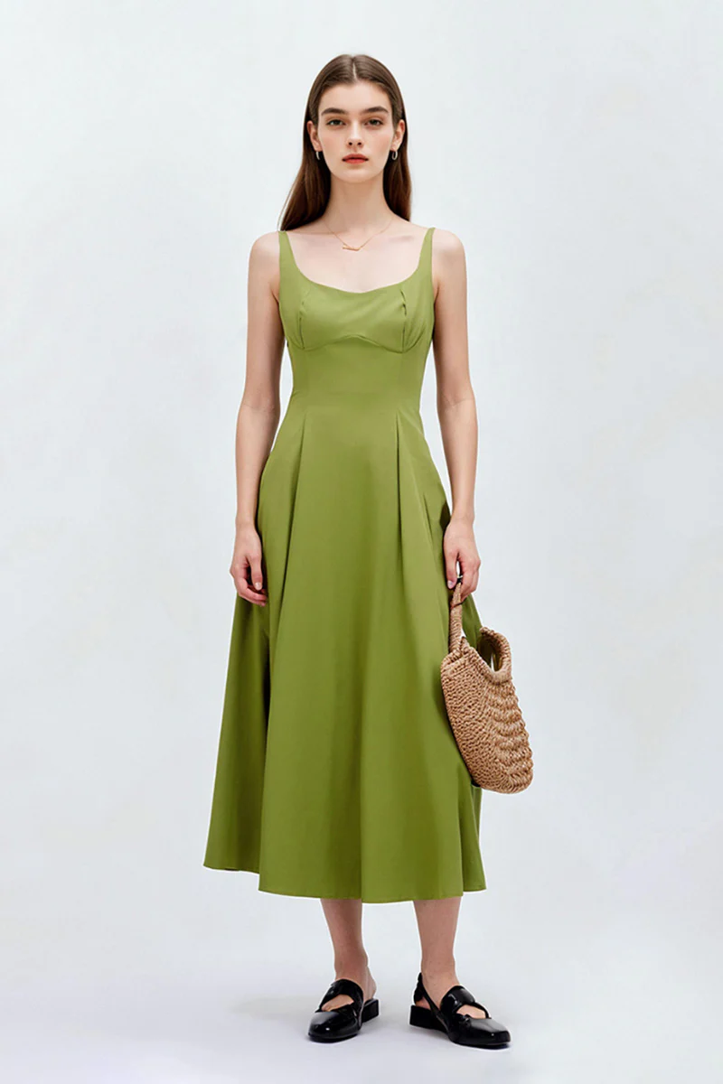Olive Green Sleeveless Fit & Flare Midi Dress - HBQMJX