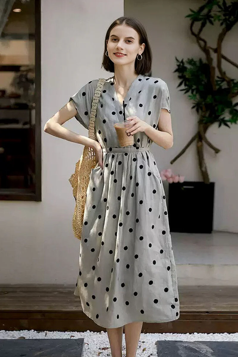 100% Ramie Polka Dot V-Neck Midi Dress - HBQMJX