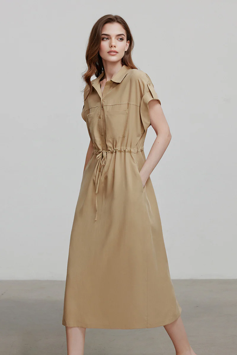 Khaki Cap-Sleeve Shirt Midi Dress With Belt - HBQMJX