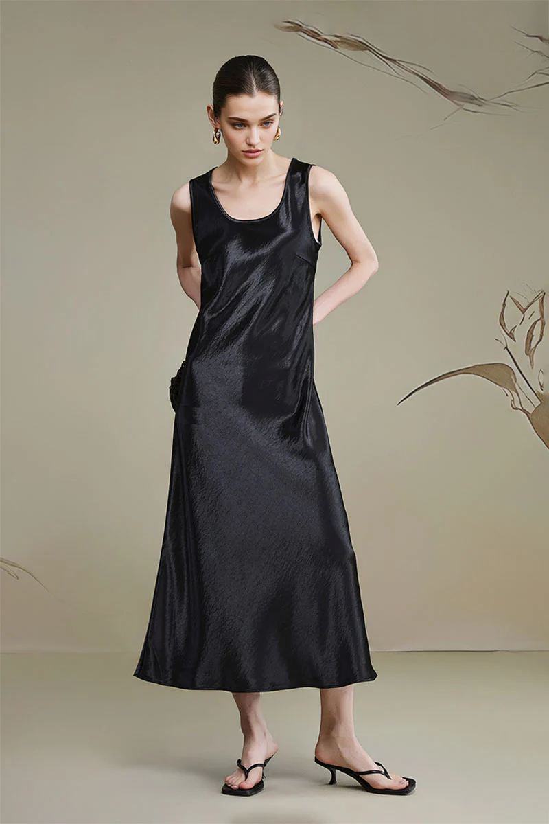 Satin Sleeveless Scoop-Neck Tank Midi Dress - HBQMJX