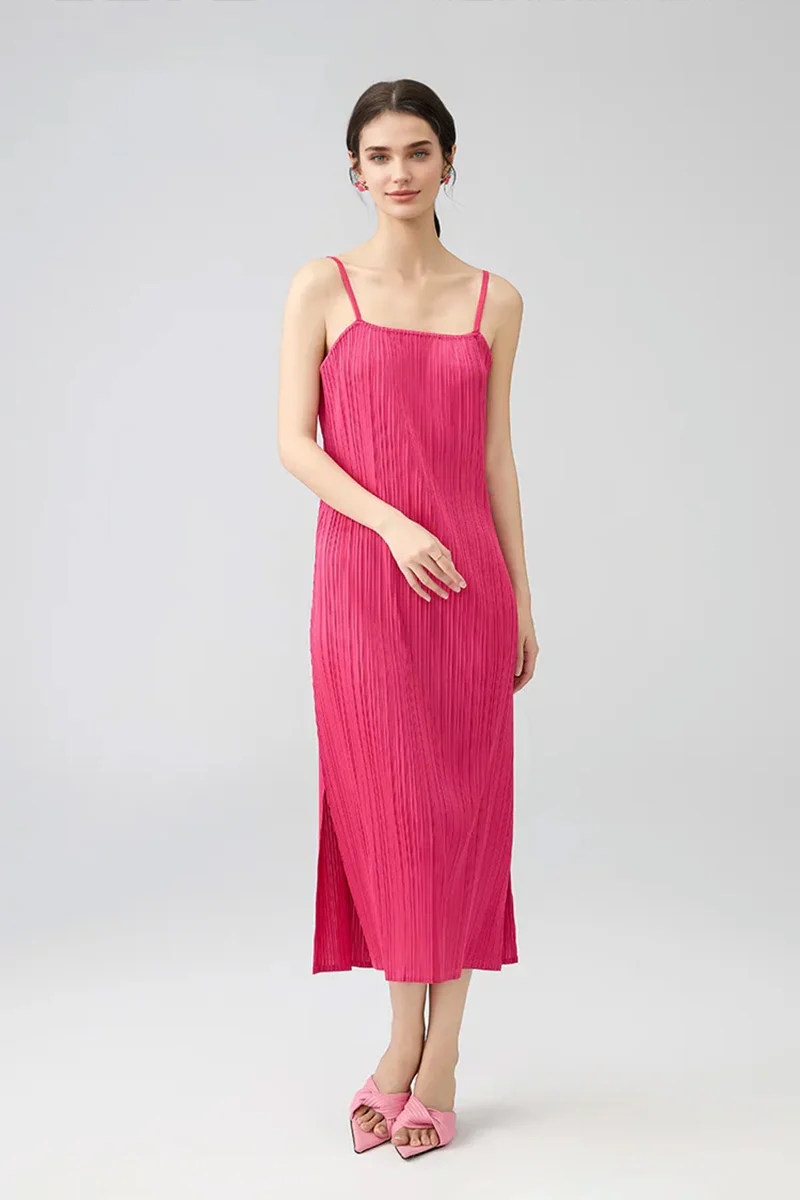 Designer Inspired Pleated Midi Slip Dress - HBQMJX