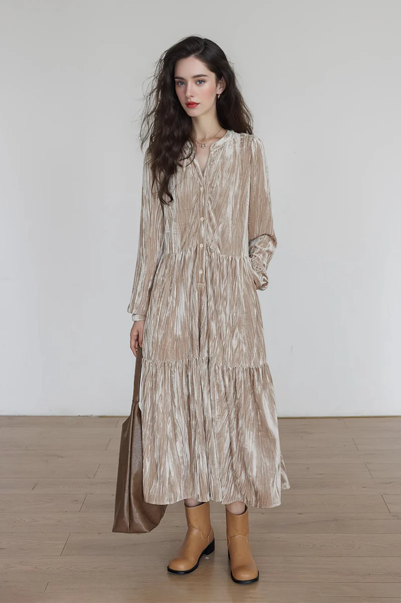 Tiered Long-Sleeve Button-Down A-Line Velvet Midi Dress - HBQMJX