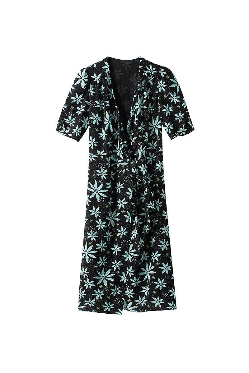 Floral Silk Double Crepe Wrap Midi Dress With Elbow Sleeves - HBQMJX