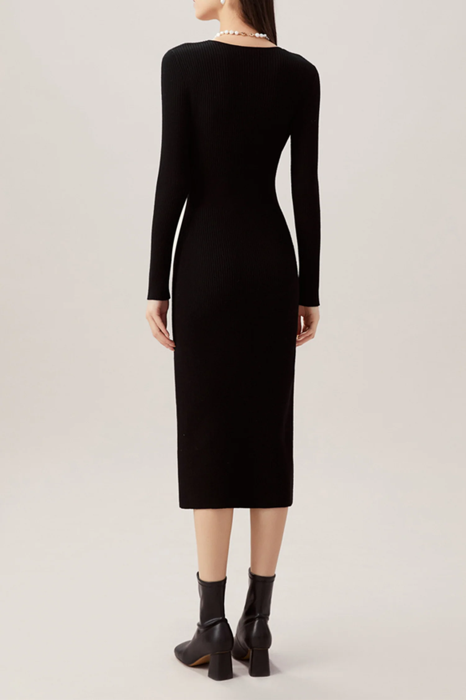 100% Merino Wool Long Sleeve Square-Neck Midi Sweater Dress - HBQMJX