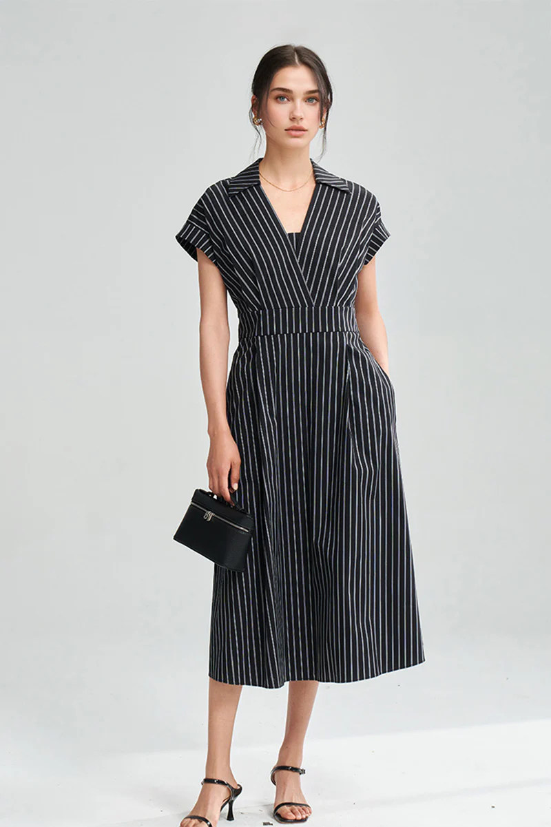 Black & White Striped A-Line Cap-Sleeve Midi Dress - HBQMJX