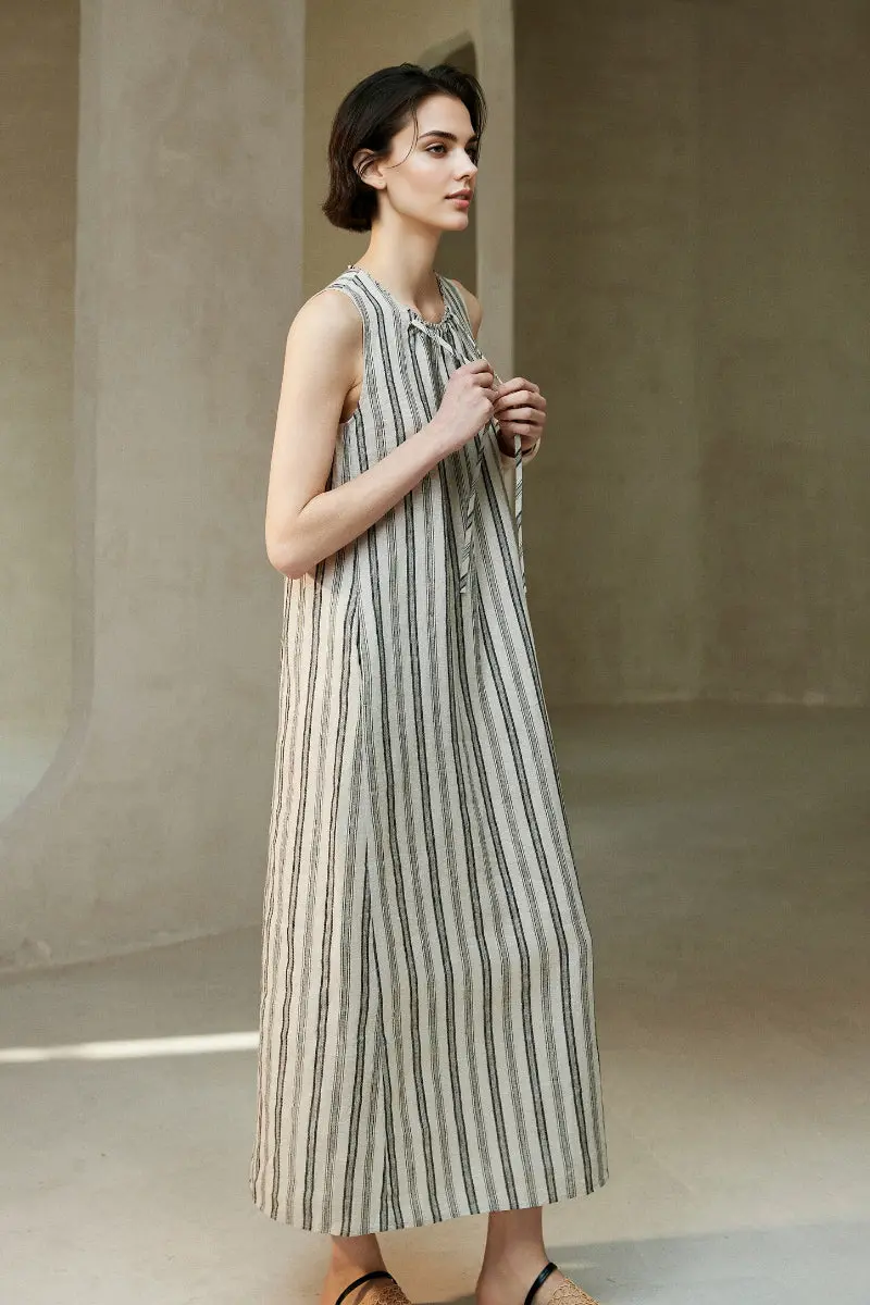 100 French Linen Striped Sleeveless Maxi Dress - HBQMJX