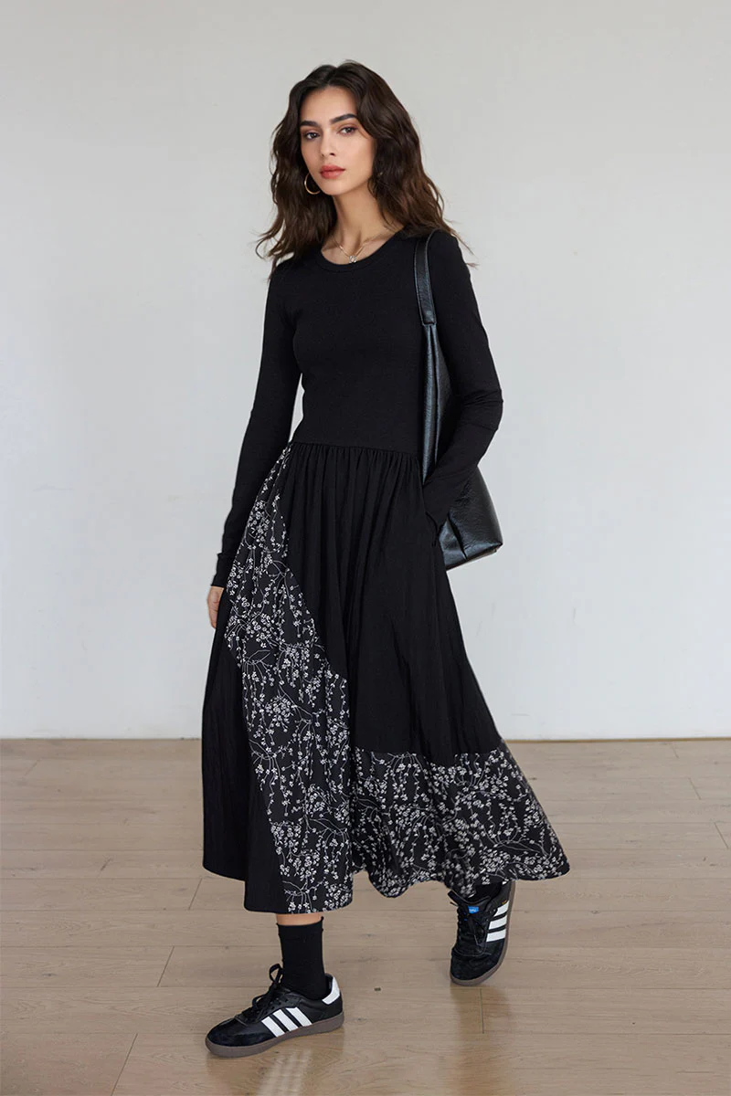 Fit & Flare Long-Sleeve Midi Dress with Flower Patchwork - HBQMJX