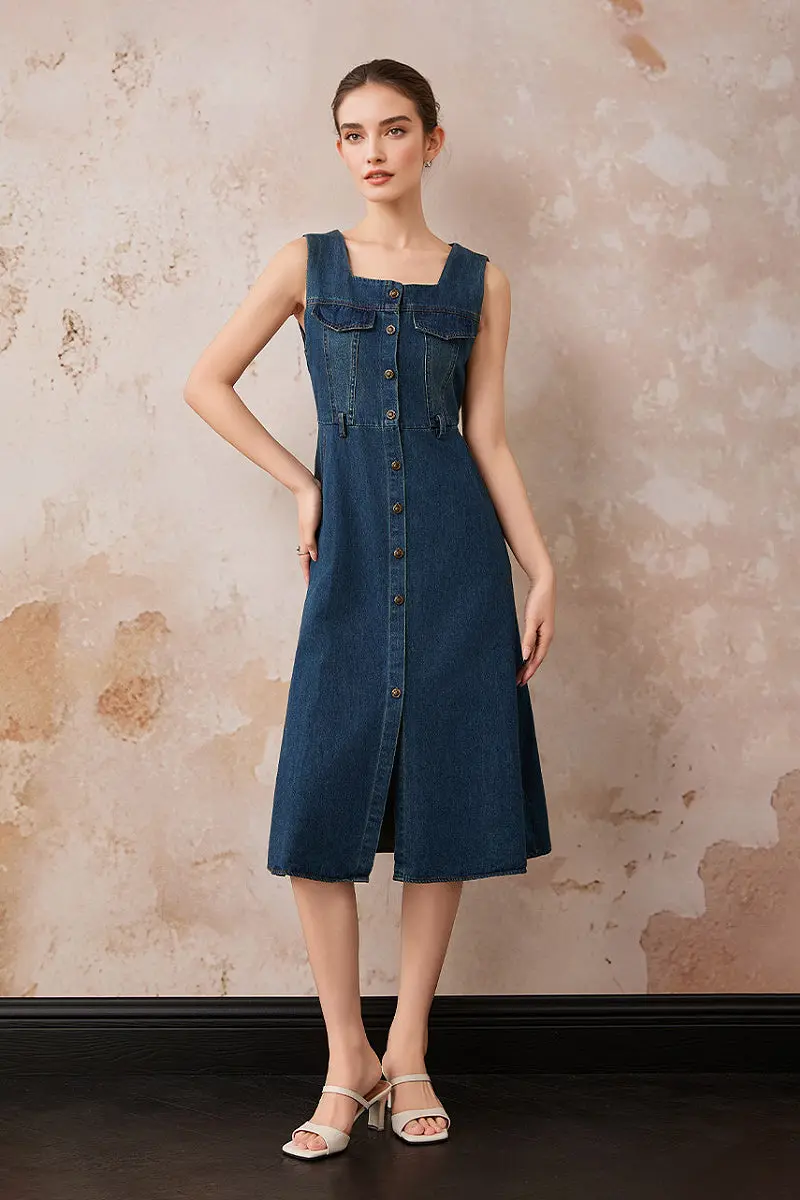 Denim Sleeveless A-Line Midi Shirt Dress - JIEEQQ