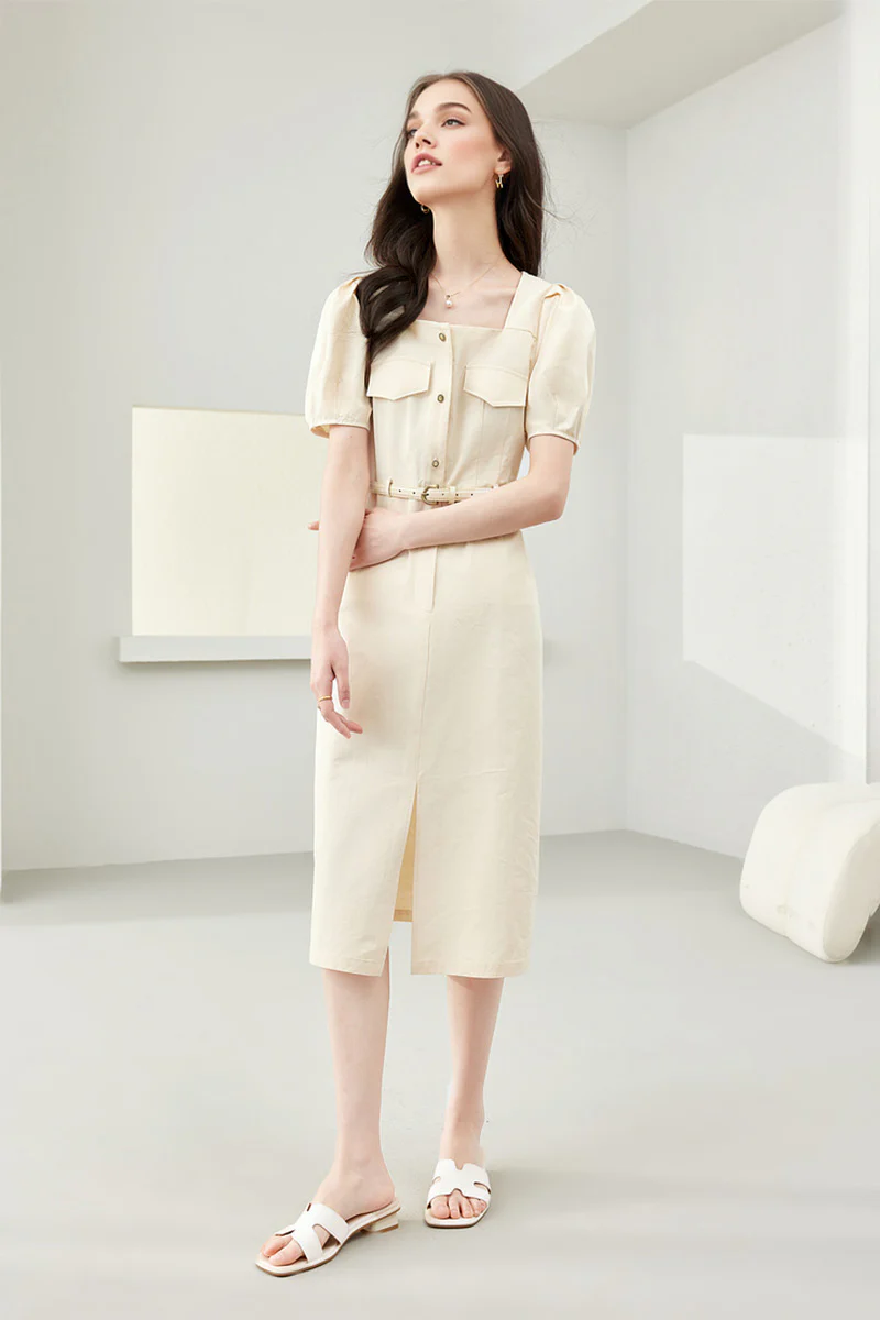 Ivory Cargo Square-Neck Belted Midi Dress - HBQMJX