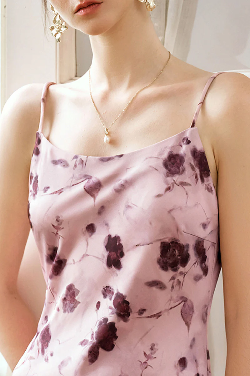 Pink Floral Satin Slip Midi Dress - HBQMJX