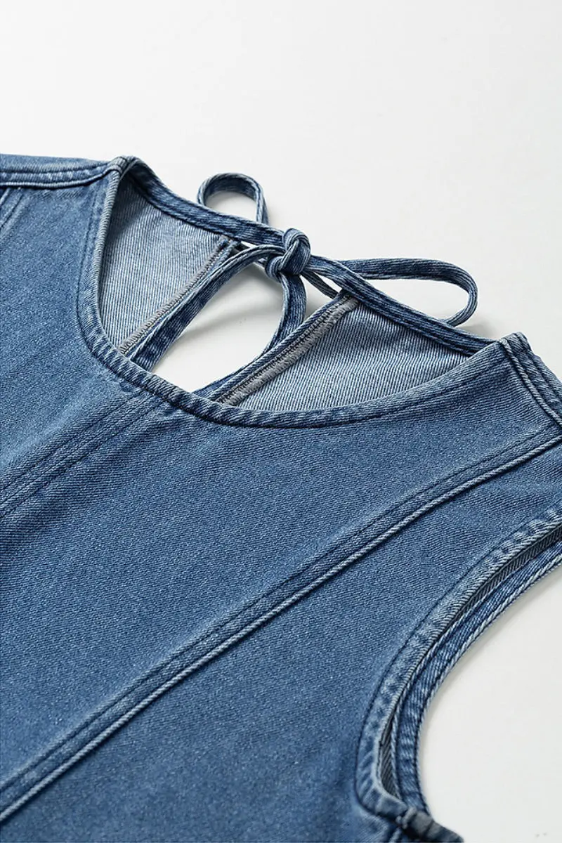 Denim Sleeveless Shift Midi Dress with Pockets - HBQMJX