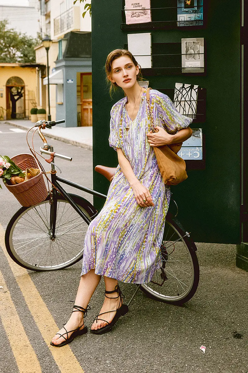 Purple Silk Double Crepe Abstract-Print Midi Dress - HBQMJX