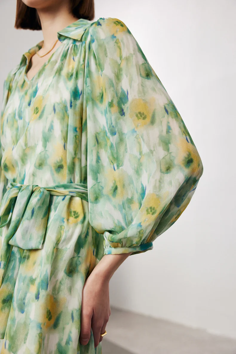 100 Mulberry Silk Floral Balloon-Sleeve V-Neck Collared Midi Dress - HBQMJX