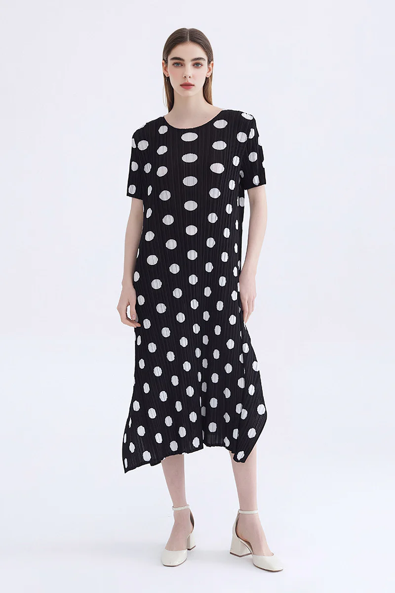 Designer Inspired Pleated Polka Dot Midi Dress - HBQMJX