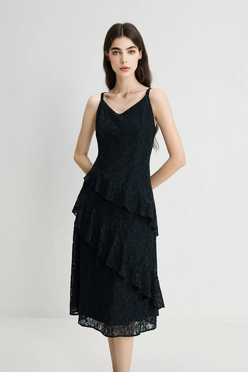 Black Lace Tiered Sleeveless V-Neck Midi Dress - HBQMJX