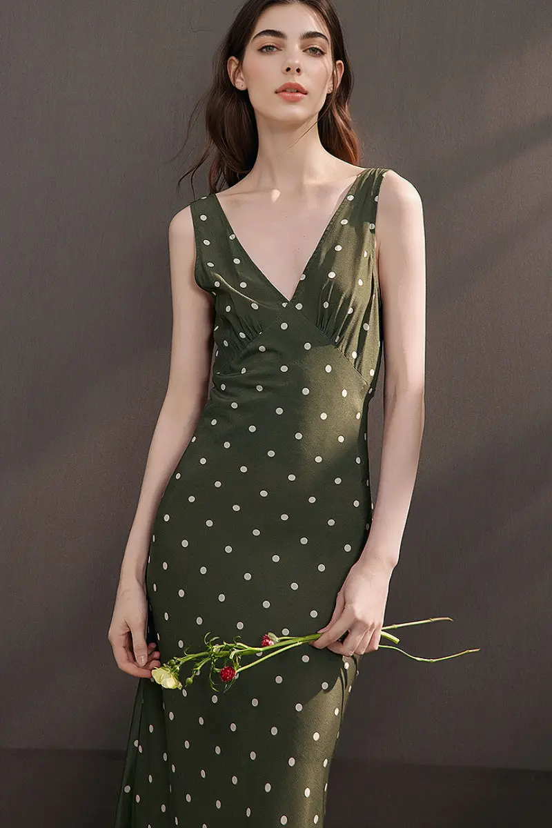 100 Silk Polka Dot Bias-Cut Midi Dress in Olive Green - HBQMJX